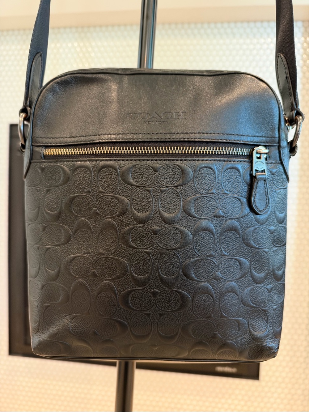 Coach Houston Flight Bag in Signature Leather Black Crossbody Unisex